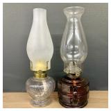 Two Antique Oil Lamps, Ornate with Frosted Chimney