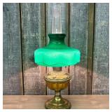 Antique Aladdin No. 9 Brass Oil Lamp With Green Gl