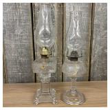 Antique Clear Glass Oil Lamps, one featuring a Squ