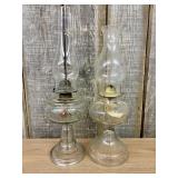 Pair Of Antique Clear Glass Oil Lamps One With Flo