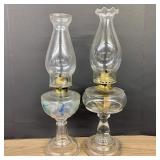 Pair Of Antique Glass Oil Or Kerosene Lamps Includ