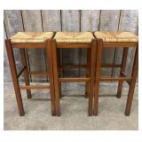 Lot Of 3 Rush Seat Bar Stools 13.5'X13.5'X30'
