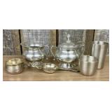 This Pewter Set Features a Sugar Bowl with Lid , a
