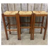 Lot Of 3 Rush Seat Bar Stools 13.5"X13.5"X30"