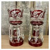 Pair Of Bohemian Ruby To Clear Glass Mantel Luster