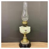 Antique Victorian Oil Lamp With Pale Green Milk Gl
