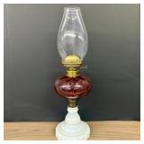 Cranberry Coin Dot Style Oil Lamp On White Glass B