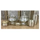 This Pewter Set Features a Sugar Bowl with Lid , a