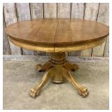 Antique Round Tiger Oak Dining Table With Carved P