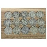 Fifteen (15) Silver Mercury Dimes 1923-1945 - (App