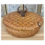Vintage, Hand-Woven Carved Water Buffalo Lidded Ba
