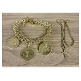 12K Gold Charm Bracelet and Gold Cross Pendant Nec