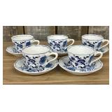 Five Blue Danube Teacups and Saucers, featuring th