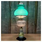 Banquet or Parlor Lamp With Decorated Glass Base A