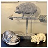 A Trio of Pig-Themed Decorative Sculptures and Tab