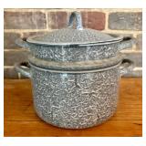 A Trio of Vintage Mottled Grey Graniteware Steamer
