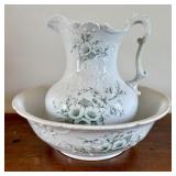 Late Victorian Green Transferware Pitcher and Basi