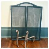 Pair of Hand-Forged Wrought Iron Andirons and a Th