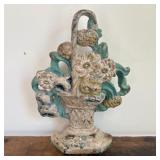 Vintage Painted Cast Iron Flower Basket Doorstop A
