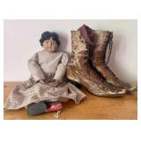 A Vintage Doll and a Pair of Antique Ladies Leathe