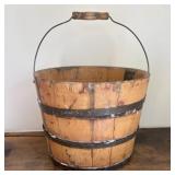 Antique Wooden Stave Bucket with Metal Hoops and B