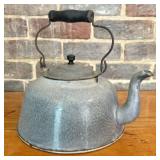 Antique Gray Graniteware Enamel Tea Kettle with Wo