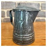 Antique Gray Mottled Enamelware Coffee Pot with Hi