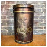 Antique Lithographed Tin Flour Bin with Bronzed Fi