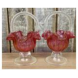 A Pair of Vintage Cranberry Art Glass Baskets with