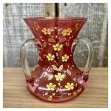 Victorian Enameled Cranberry Art Glass Two Handled