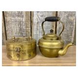 Two Vintage Brass Metalware Items: a Tea Kettle an
