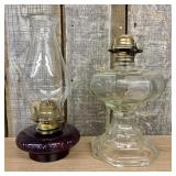 Two Antique Glass Oil Lamps Including Amethyst Fin
