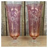 A Pair of Vintage Cranberry and Clear Etched Glass