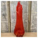 Large Ribbed Swung Art Glass Vase in Amberina Red,