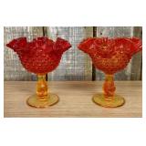 A Pair of Amberina Hobnail Glass Ruffled Pedestal