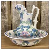 Vintage Asian Inspired Floral Ceramic Pitcher and
