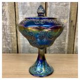Blue Iridescent Carnival Glass Covered Compote in