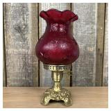 Ruby Red Glass Hurricane Lamp with Stipple Star Pa