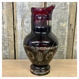 Bohemian Style Ruby Cut-to-Clear Glass Pitcher 7"X