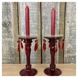 A Pair of Ruby Red Glass Candlestick Lustres with
