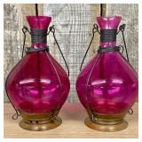 A Pair of Magenta Glass Bottle Tea Light Candle La