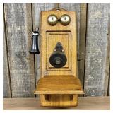 Antique Oak Hand-Crank Magneto Wall Telephone 12"X