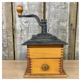 Antique Cast Iron and Wood Box Coffee Grinder with