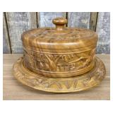 Vintage Hand-Carved Wooden Cake Stand with Dome Li