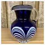 Cobalt Blue Art Glass Pitcher with Opaque White Fe