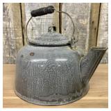 Antique Gray Graniteware Stovetop Tea Kettle with