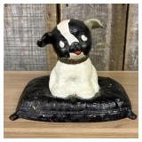 Antique Puppo Dog on Pillow Still Bank or Doorstop