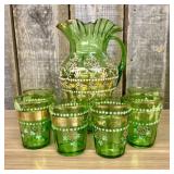 Seven-Piece Emerald Green Enameled Glass Beverage