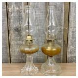 Two Antique Clear Pressed Glass Kerosene Table Lam