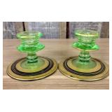 A Pair of Art Deco Green Uranium Glass Candlestick